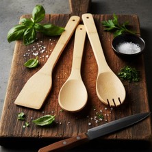 3'lü Bambu Mutfak Gereç Seti – Doğal Ahşap Spatula, Kaşık ve Servis Çatalı | Yapışmaz Tencere Dostu, Antibakteriyel ve Isıya Dayanıklı Ahşap Mutfak Seti (30 Cm)