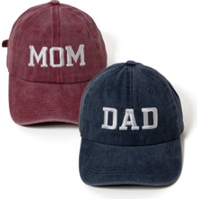 Nome Studio Nakışlı Bordo Mavi Mom Dad Anne Baba Şapka 2li Paket Yıkamalı Kumaşlı ve Yazı Nakışlı Şapka Pamuklu Siperlikli Ayarlı Şapka Günlük Tarz Eğlenceli Kep