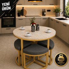 Edmonda Ev Aksesuar Alara 90 cm Çap Gold Metal Yuvarlak Yemek Masası Takımı 4 Kişilik Balkon Masası Takımı Mutfak Masası