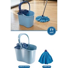 Flora 2’li Temizlik Seti Mavi, Sıkmalı Temizlik Yer Silme Kovası + Süper Emici Mikrofiber Jumbo Mop