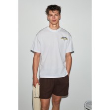 Grimelange Amıdıo Erkek %100 Organik Pamuklu Baskı Detaylı Regular Fit Yuvarlak Yaka Beyaz T-Shirt