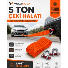 Velonova 5 Ton Çekme Halatı 3 Metre 5 cm 2 Adet Omega Kilitli Çelik Mapa Ce Belgeli %100 Polyester Araç Kurtarma Halatı Kırmızı