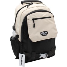 MegiHero Çok Bölmeli Okul Çantası Unisex Okul Sırt Çantası 26011 Bej-Siyah