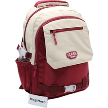 MegiHero Çok Bölmeli Okul Çantası Unisex Okul Sırt Çantası 26011 Bej-Bordo