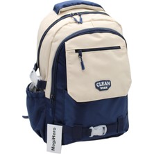 MegiHero Çok Bölmeli Okul Çantası Unisex Okul Sırt Çantası 26011 Bej-Lacivert