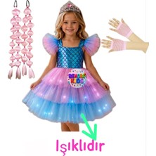 3b Kids Deniz Kızı Işıklı Kostüm Elbise + Pembe Bable Saç + Pembe File Eldiven Seti