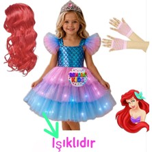 3b Kids Deniz Kızı Işıklı Kostüm Elbise + Kırmızı Deniz Kızı Saç Peruk +  Pembe File Eldiven Seti