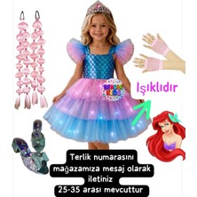 3b Kids Denizkızı Işıklı Kostüm Elbise+Pembe Saç+Pembe File Eldiven+Deniz Kızı Topuklu Terlik