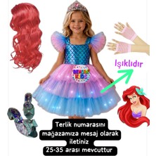3b Kids Deniz Kızı Işıklı Kostüm Elbise +Deniz Kızı Saç Peruk+Pembe File Eldiven+Denizkızı Topuklu Terlik
