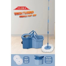 Premini Twin Turbo Pedallı Çelik Mop Seti, Otomatik Temizlik ve Ayrı Su Sistemi (1+1 Mavi)