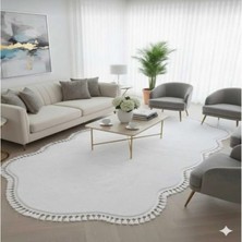 Altun Carpet Çift Kafalı Pelüş Halı Kayamz Beyaz Ponpon Saçaklı 12ML Hav Yüksekliği Var 2 cm Kalınlık