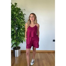 Picco Boutique Keten Crop Top Şort Kadın Takım Ikili Set Yazlık Ince Askılı V Yaka Bağcıklı Şort Günlük Plaj Tatil Kombini Linen Two Piece Set