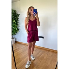 Picco Boutique Keten Crop Top Şort Kadın Takım Ikili Set Yazlık Ince Askılı V Yaka Bağcıklı Şort Günlük Plaj Tatil Kombini Linen Two Piece Set