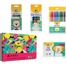 4’lü Boyama Seti + Resim Defteri 25X35, 12 Renk, Keçeli Kalem, Kuru,pastel ve Sulu Boya, Fırça Dahil
