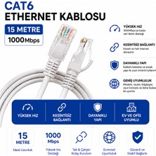 AŞIK STORE 15 Metre Cat6 Fabrikasyon Ethernet Kablosu 1000 Mbps Gigabit Lan Internet Kablosu RJ45