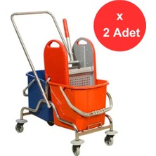 Premini Krom Çift Kovalı Temizlik Seti Arabası, Çelik Presli, 2'li Paket