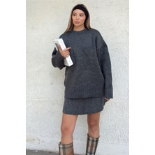 Swist Füme Bisiklet Yaka Oversize Kazak-Mini Etek Kadın Triko Alt Üst Takım