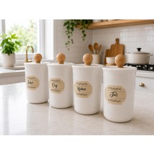 MODA OZY 4'lü 900ML Akrilik (Plastik) Vakumlu Ahşap Kulplu Çay Şeker Kahve Tuz Kavanozu Beyaz Saklama Kabı