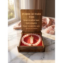 Meneva Aksesuar Pembe Kuvars Doğal Taş Ahşap Kutulu Kolye, Bileklik Seti