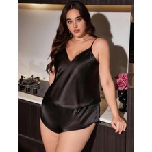 Amora Secret  Büyük Beden Siyah Saten Şortlu Takım