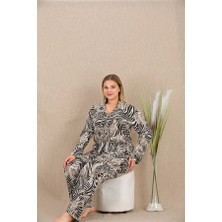 Amora Secret  Büyük Beden Çizgili Düğmeli Uzun Kol Viskon Pijama Takımı