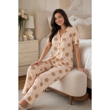 Ebru Tesettür Cookie Desen Düğmeli Pijama Takımı Bej