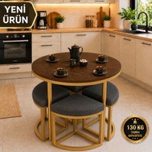 Edmonda Ev Aksesuar Alara 90 cm Çap Gold Metal Yuvarlak Yemek Masası Takımı 4 Kişilik Balkon Masası Takımı Mutfak Masası