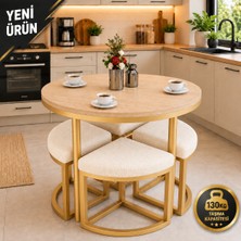 Edmonda Ev Aksesuar Alara 90 cm Çap Gold Metal Yuvarlak Yemek Masası Takımı 4 Kişilik Balkon Masası Takımı Mutfak Masası