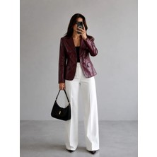 Velmora Leather Hakiki Deri Kadın Ceket Bordo-Siyah