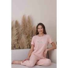 Relax Mode Kadın Dublin Raporlu Pembe Kısa Kol Alt Uzun Fitilli Pijama Takım - 5395-5R