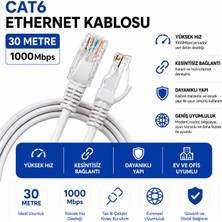 AŞIK STORE 30 Metre Cat6 Fabrikasyon Ethernet Kablosu 1000 Mbps Gigabit Lan Internet Kablosu RJ45