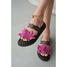 Selin Shoes Violea Çiçek Aksesuar Düz Taban Kadın Terlik- Kahve/fuşya