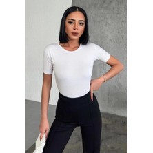 Epilons Rahat ve Şık Kısa Kollu Bisiklet Yaka Likralı Viskon Penye Body Beyaz