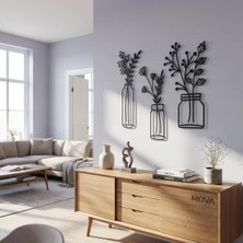 Mova Dizayn Modern 3 Parçalı Çiçekli Vazo Motifli Estetik Metal Duvar Panosu