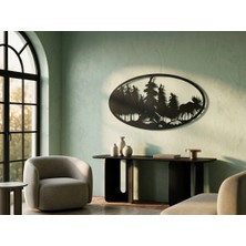 Mova Dizayn Modern Oval Çam Ormanı ve Geyik Motifli Estetik Metal Duvar Panosu