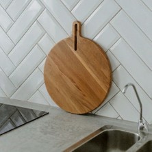 F&S WoodArt Meşe Ağacı Ahşap Saplı Kesme Sunum Et Ekmek Doğrama Tahtası 30 cm Çap