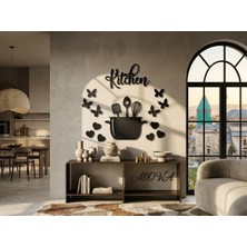 Mova Dizayn Modern Metal Kitchen Yazılı Tencere ve Kelebek Detaylı Mutfak Duvar Tablosu Seti