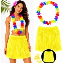 Samur Parti Neon Sarı Hawaii Etek 40 cm ve Rengarenk Hawaii Kolye