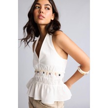 DeFacto %100 Pamuk Fitted Halter Yaka Vual Kolsuz Beyaz Bluz H9102AX26HS