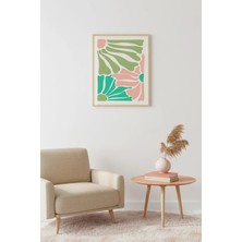Huhuli Doğal Ahşap Çerçeveli Retro Soyut Tablo - Pastel Tonlarda Geometrik Desen | HUHU2747
