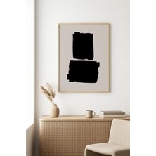 Huhuli Doğal Ahşap Çerçeveli Soyut Siyah Desenli Tablo - Minimal | HUHU1071