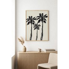 Huhuli Doğal Ahşap Çerçeveli Minimal Palm Ağaçları Desenli Tablo - Siyah-Beyaz | HUHU1074
