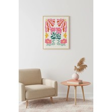Huhuli Doğal Ahşap Çerçeveli Retro Çiçekli Tablo - Pembe Tonlarda Floral Desen | HUHU2597