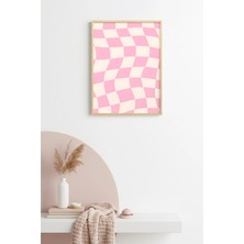 Huhuli Doğal Ahşap Çerçeveli Pastel Damalı Retro Tablo - Pembe Tonlar | HUHU2806