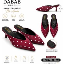 Dabab Shoes Sevılla Puantiye Desenli Bordo Saten Sivri Burunlu 5 cm Ince Topuklu Mule Terlik