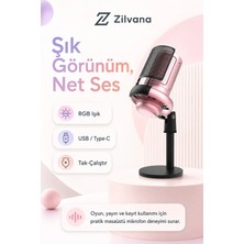 Zilvana Nexora Rgb USB Kondenser Masaüstü Mikrofon Karaoke Yayın (Type-C) Pembe
