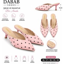 Dabab Shoes Sevılla Puantiye Desenli Pembe Saten Sivri Burunlu 5 cm Ince Topuklu Mule Terlik