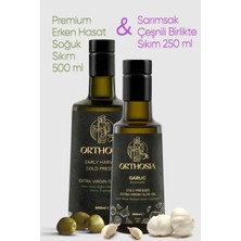 Orthosia Premium Memecik Erken Hasat Soğuk Sıkım Zeytinyağı 500 ml & Sarımsak Çeşnili Soğuk Sıkım Natürel Sızma Zeytinyağı 250ML 2'li Avantaj Paketi