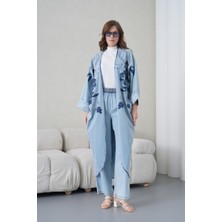 Miss Allos Kadın Önü Nakışlı Boncuk Işlemeli Kot Kimono Hırka ve Kot Pantolon Alt Üst Takım