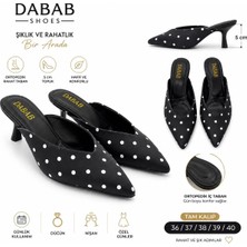 Dabab Shoes Sevılla Puantiye Desenli Siyah Saten Sivri Burunlu 5 cm Ince Topuklu Mule Terlik